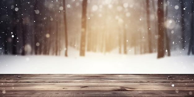 Ein Holztisch in einem verschneiten Wald mit schneebedecktem Hintergrund
