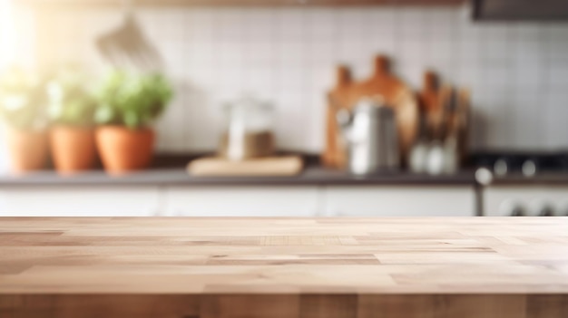 Ein Holztisch in einer Küche mit einer Topfpflanze im Hintergrund.