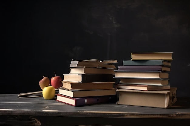Ein Holztisch ist mit Schulbüchern gefüllt und mit einem Tafelhintergrund versehen, der leeren Platz für Text oder Design bietet