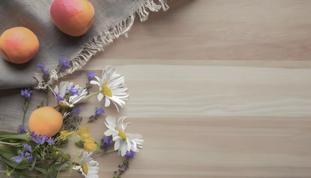 Foto ein holztisch mit blumen und ein tuch mit einem tuch darauf