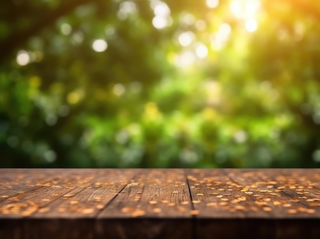 Ein Holztisch mit Bokeh-Hintergrund und Bokeh-Lichtern