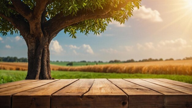 ein Holztisch mit einem Baum im Hintergrund