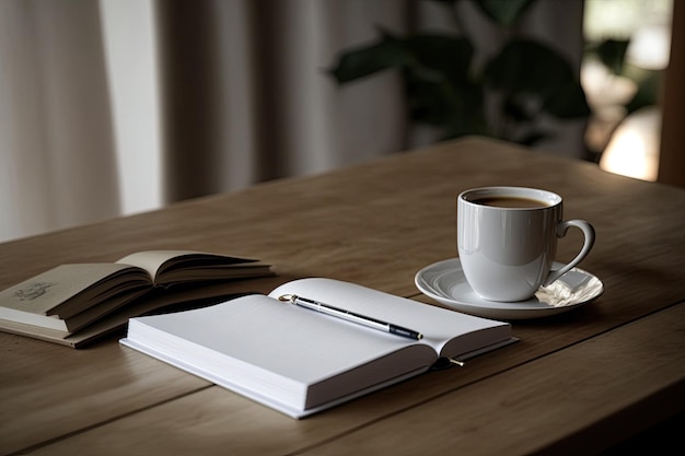 Ein Holztisch mit einem geschlossenen leeren weißen Buch hält eine Tasse Kaffee zur morgendlichen Erfrischung