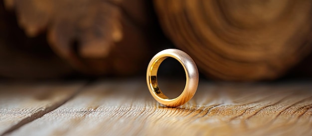 Ein Holztisch mit einem goldenen Ring