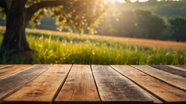 ein Holztisch mit einem Grasfeld und einem Sonnenuntergang im Hintergrund