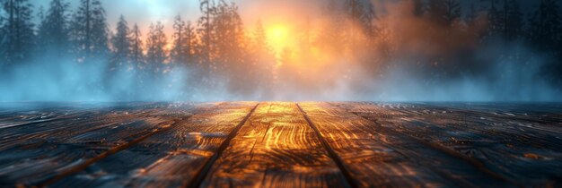 Foto ein holztisch mit einem hintergrund aus einem dichten wald