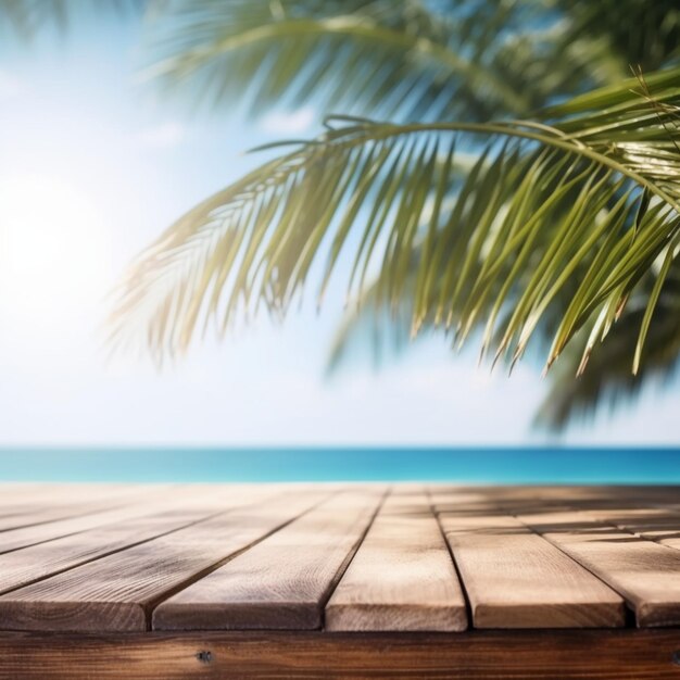 Ein Holztisch mit einem Strand im Hintergrund