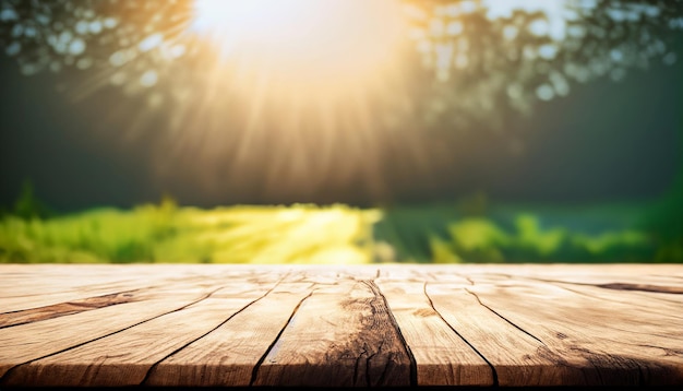 Ein Holztisch mit einer grünen Wiese im Hintergrund