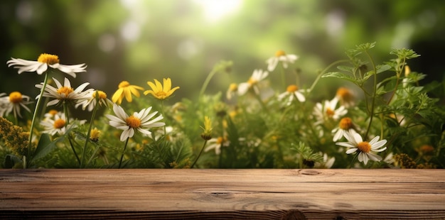 Ein Holztisch mit einer Holzoberfläche und einem Strauß Gänseblümchen im Hintergrund