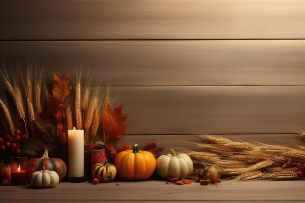 Foto ein holztisch mit einer kerze und einem haufen kürbisse perfekt für herbst- und halloween-dekorationen