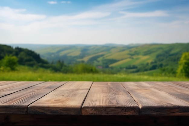 Ein Holztisch mit einer Landschaft im Hintergrund