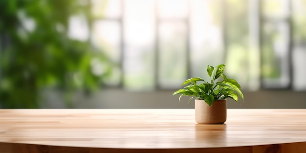 Ein Holztisch mit einer Pflanze darauf