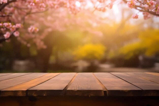 Ein Holztisch mit einer rosa Blume im Hintergrund