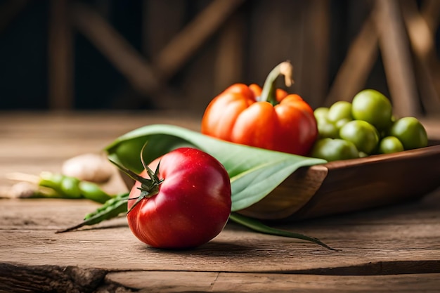 Ein Holztisch mit einer Schüssel Gemüse und einer grünen Tomate darauf.