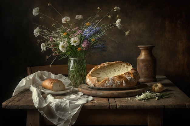 Ein Holztisch mit einer Serviettenvase mit Blumen und rustikalem Brot im Hintergrund