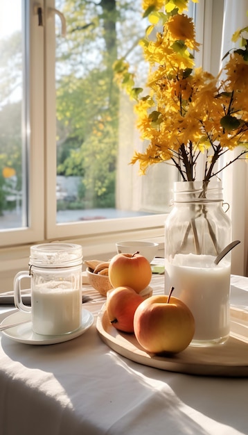Ein Holztisch mit einer Vase mit gelben Blumen, einem Glas Milch und einem Teller mit Äpfeln