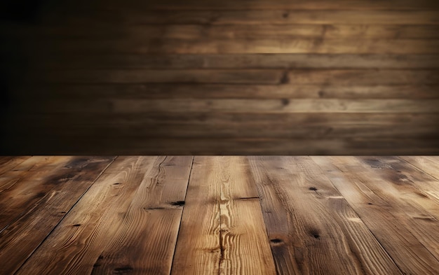 Foto ein holztisch mit holzboden und einer holzwand mit dunklem hintergrund.