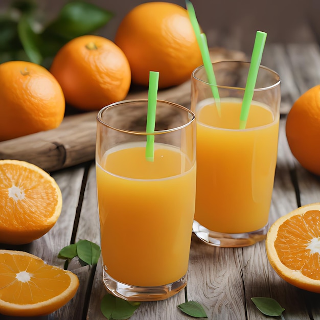 ein Holztisch mit Orangen und drei Gläsern Orangensaft