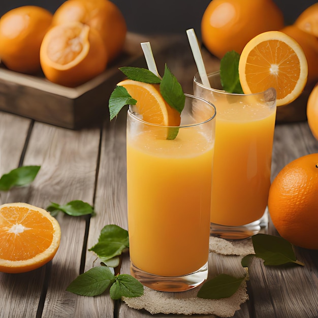 ein Holztisch mit Orangen und Gläsern Orangensaft darauf