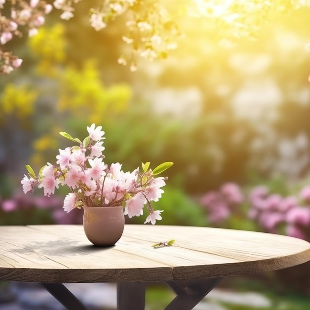 Ein Holztisch mit rosa Blumen darauf