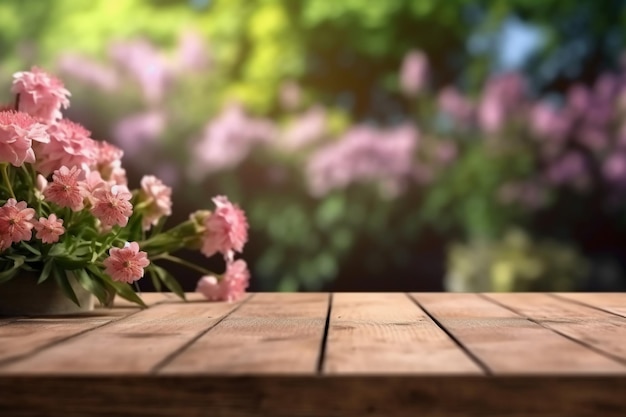 Ein Holztisch mit rosa Blumen darauf