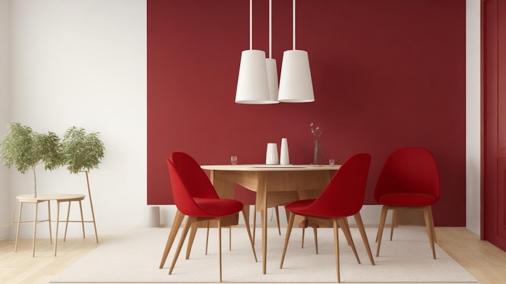 Foto ein holztisch mit roter wand