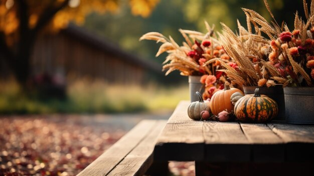 Foto ein holztisch mit vielen verschiedenen blumen, herbst-thanksgiving-dekor, digitales bild