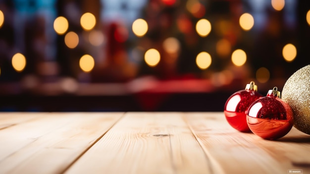 Ein Holztisch mit Weihnachtsbaum und weihnachtslichtern im Winter, festlicher Hintergrund, generativ