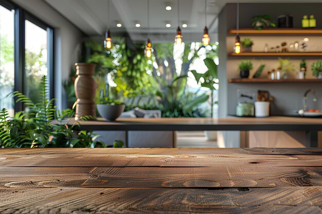 Ein Holztisch sitzt in einer Küche neben einem Fenster