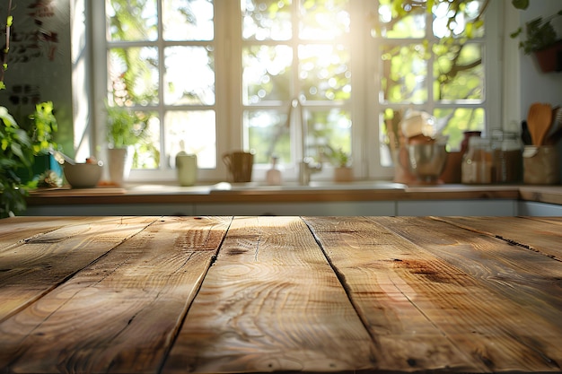 Ein Holztisch sitzt vor einem Fenster