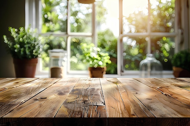 Ein Holztisch sitzt vor einem Fenster