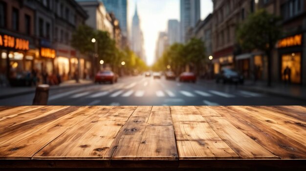 Ein Holztisch steht vor einer Stadtstraße, auf der Autos fahren