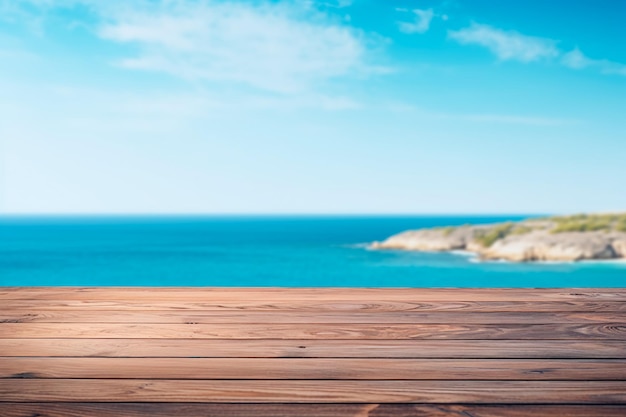 Ein Holztisch vor dem Hintergrund des Meeres, einer Insel und des blauen Himmels Leerraum für Text