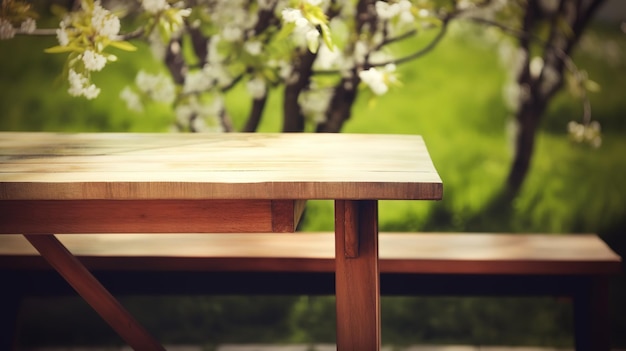 Ein Holztisch vor einem Baum mit dem Wort Kirsche darauf.