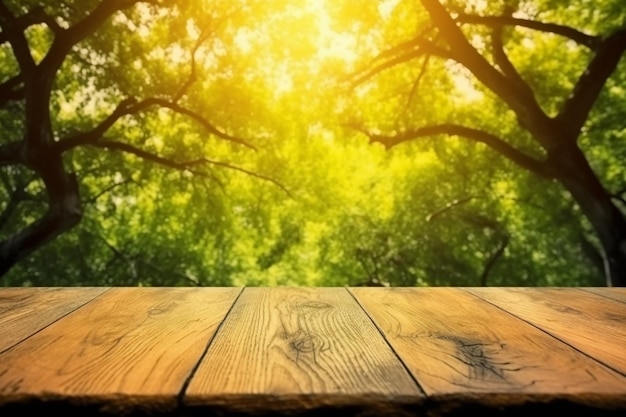 Ein Holztisch vor einem Wald mit Sonnenlichthintergrund