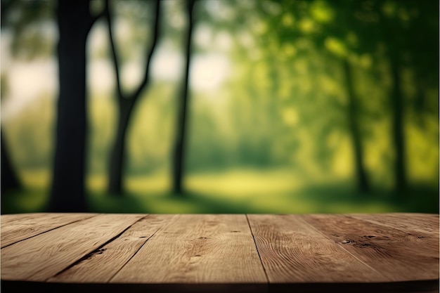 Ein Holztisch vor einem Wald