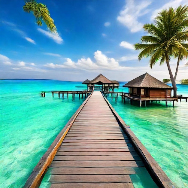 ein Holzweg führt zu einem Strand mit Palmen im Hintergrund