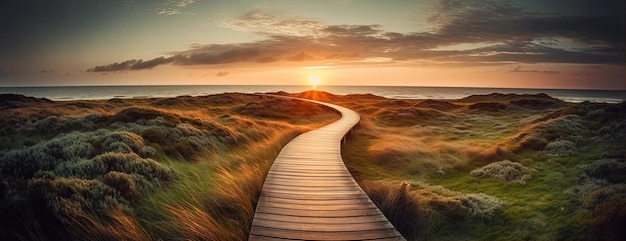 Foto ein holzweg im freien zum meer bei bewölktem sonnenuntergang im stil des dänischen goldenen zeitalters