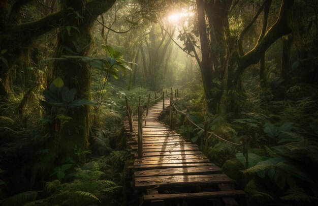 Ein Holzweg im Wald mit einer Brücke in der Mitte