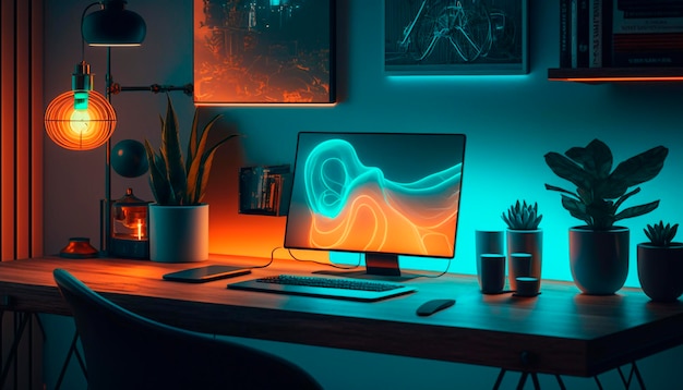 Ein Home-Office-Setup mit Computer auf dem Schreibtisch und Zimmerpflanzen-Dunkelraum mit Neonlichtern