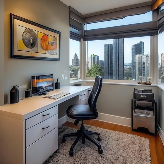 Ein Homeoffice mit Blick auf die Skyline der Stadt