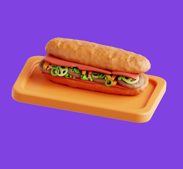 Ein Hot Dog mit Brötchen und Gemüse auf violettem Hintergrund.