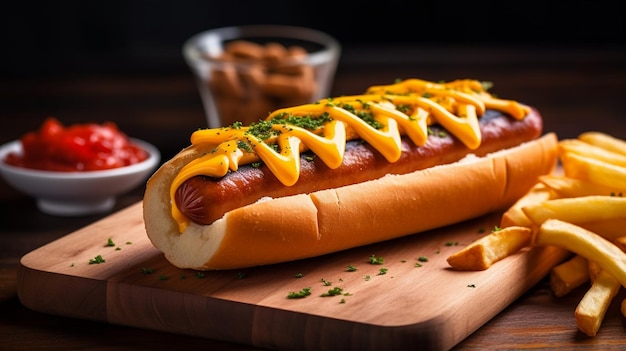 Foto ein hot dog mit senf und ketchup auf einem holzbrett.