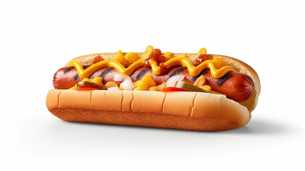 Ein Hot Dog mit Senf und Ketchup drauf