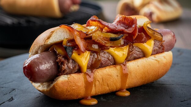 ein Hotdog mit Käse und Speck steht auf einem Tisch