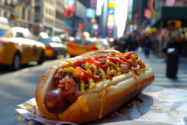 Ein Hotdog mit Senf und Chili auf einem Brot sitzt auf einem roten