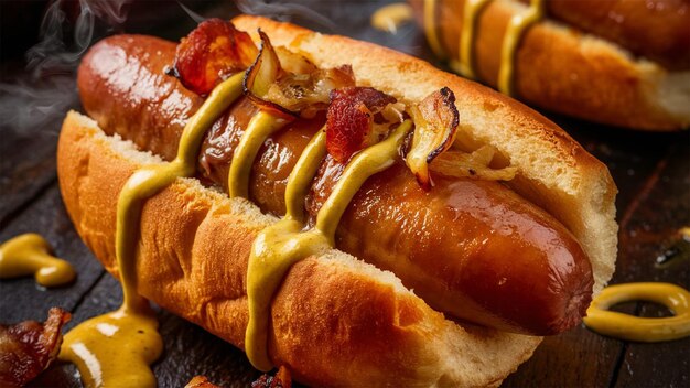 ein Hotdog mit Senf und Ketchup steht auf einem Tisch