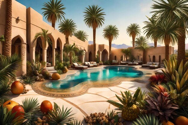 Ein Hotel mit Palmen und einem Pool mit Palmen.