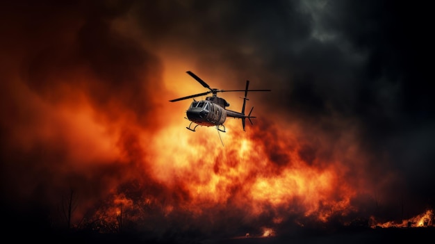 Ein Hubschrauber, der durch Flammen fliegt