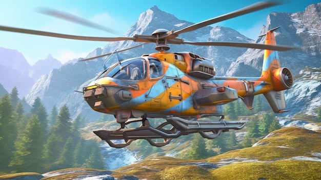 Ein Hubschrauber fliegt in einer Berglandschaft